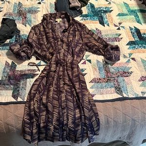Beautiful tie front button up purple and tan shirt dress
